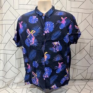 Dutch Bros Button Up Shirt XL Navy Tropical Flamingo Neon Palm Leaf Short Sleeve